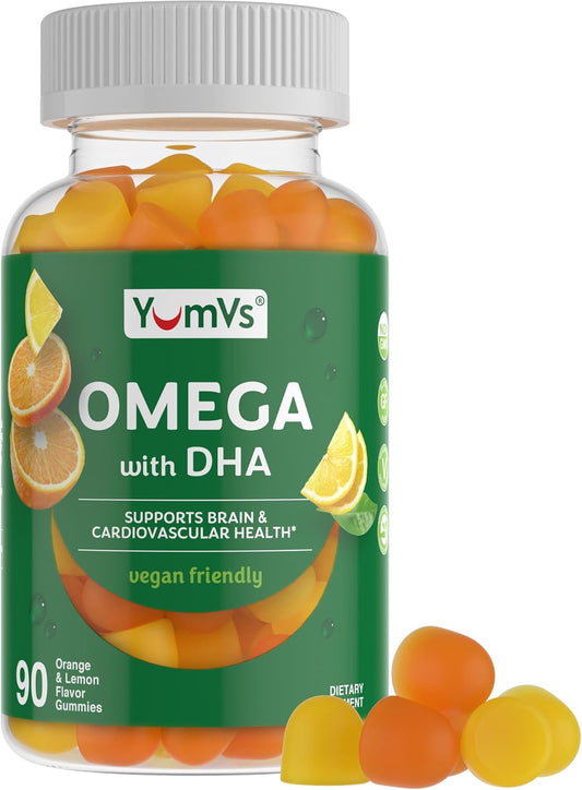 Vegan Omega 3 Gummies with DHA for Adults - Flaxseed Oil & Algae Vegan Omega 3 Supplement - Lemon & Orange Flavor - 90 Count Pack
