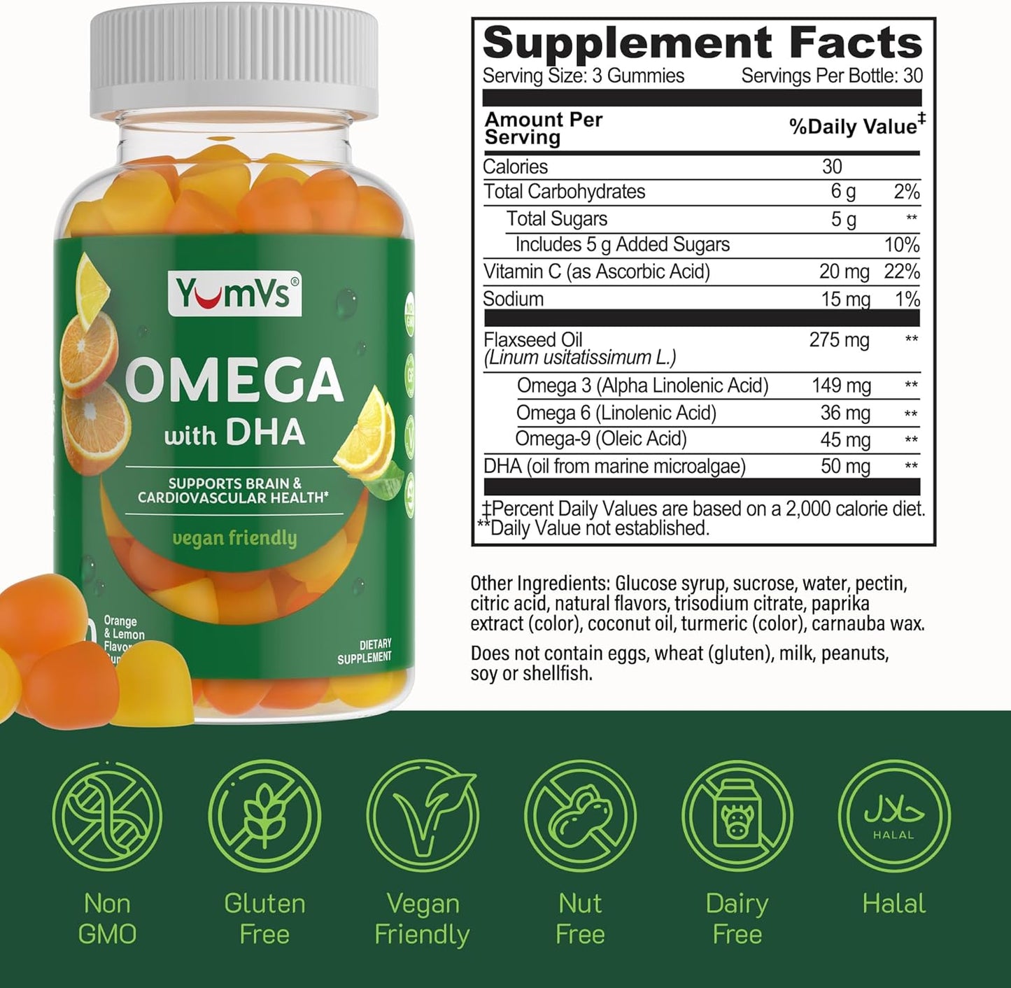 Vegan Omega 3 Gummies with DHA for Adults - Flaxseed Oil & Algae Vegan Omega 3 Supplement - Lemon & Orange Flavor - 90 Count Pack