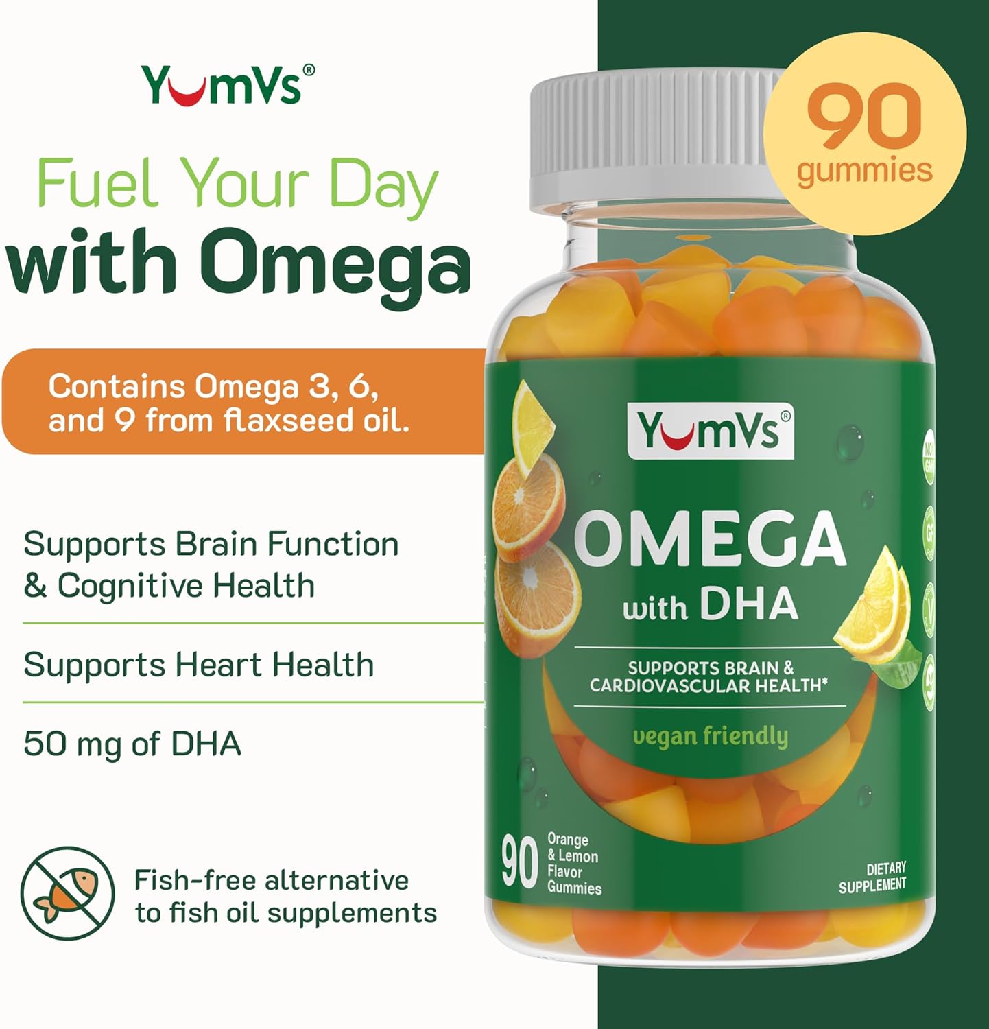 Vegan Omega 3 Gummies with DHA for Adults - Flaxseed Oil & Algae Vegan Omega 3 Supplement - Lemon & Orange Flavor - 90 Count Pack