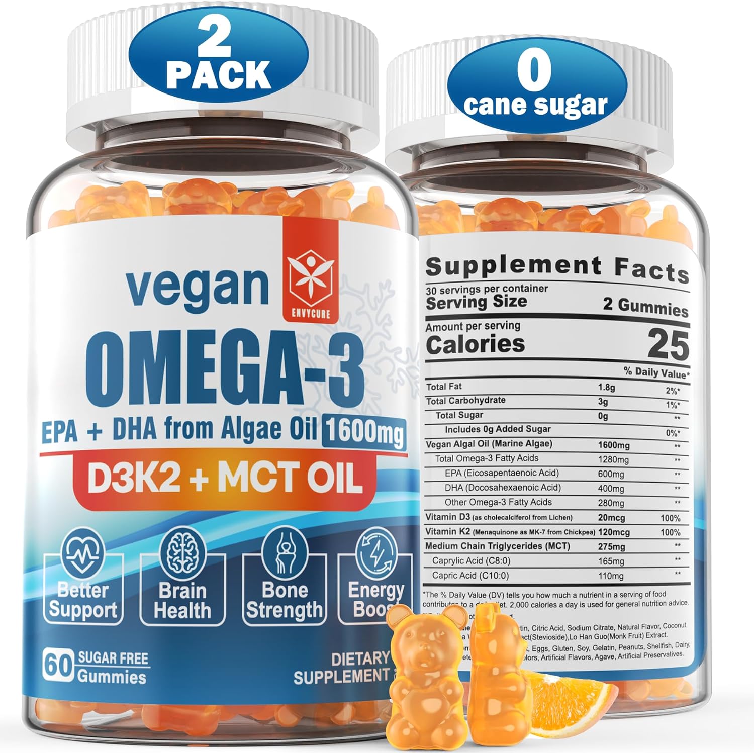 Vegan Omega 3 Gummies with Vitamin D3 K2, Algae EPA & DHA, MCT Oil, Brain & Eye Health, Sugar Free - 2 Pack