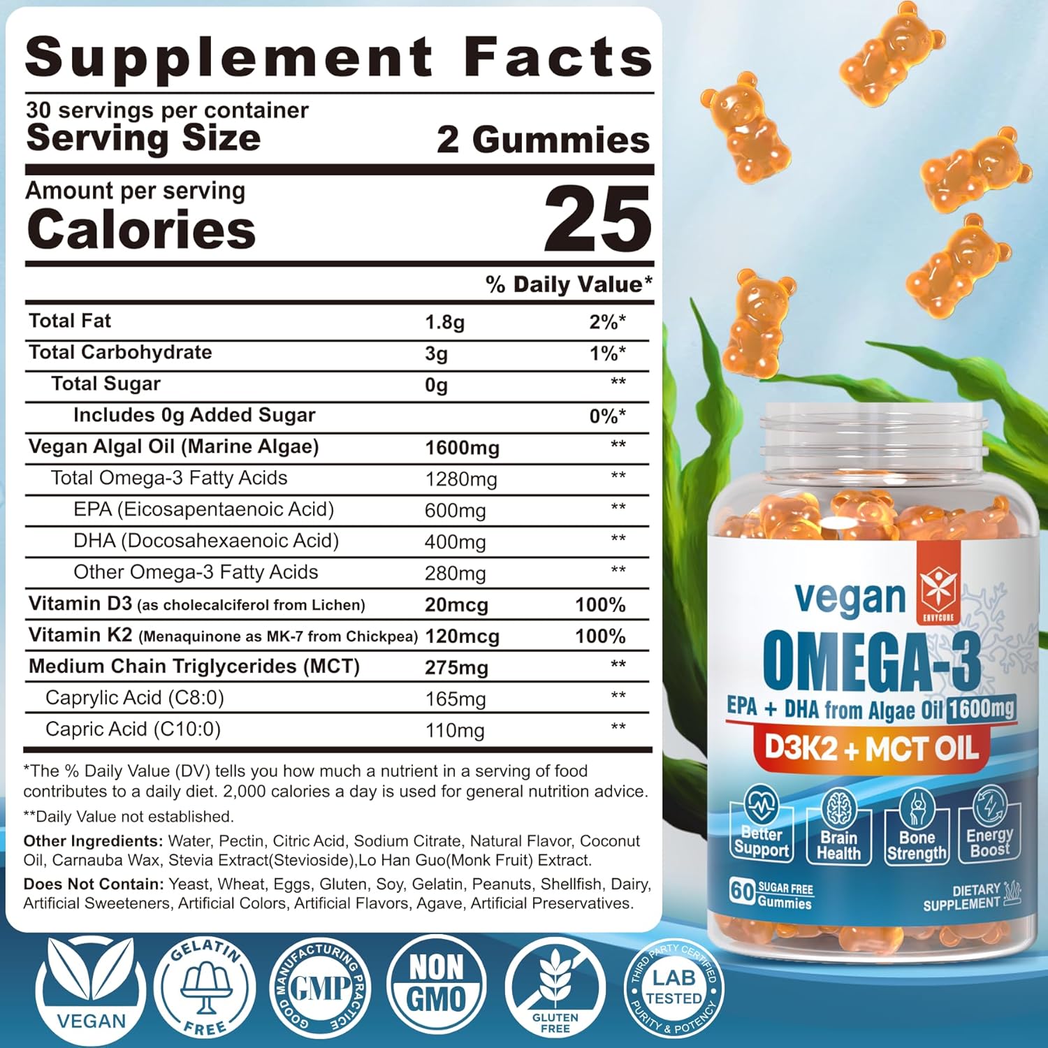 Vegan Omega 3 Gummies with Vitamin D3 K2, Algae EPA & DHA, MCT Oil, Brain & Eye Health, Sugar Free - 2 Pack