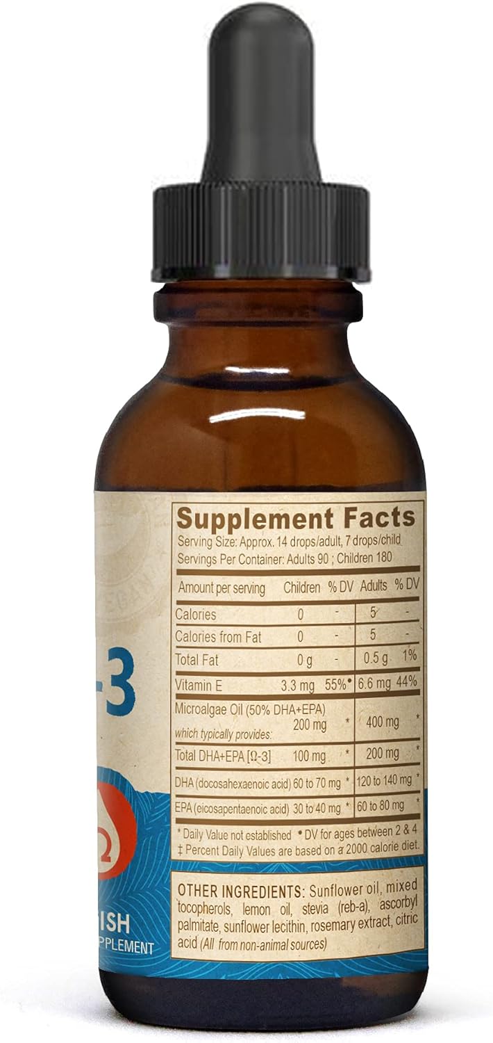 Vegan Omega-3 Liquid DHA and EPA Supplement from Algae - Lemon Flavor, 2 Ounce