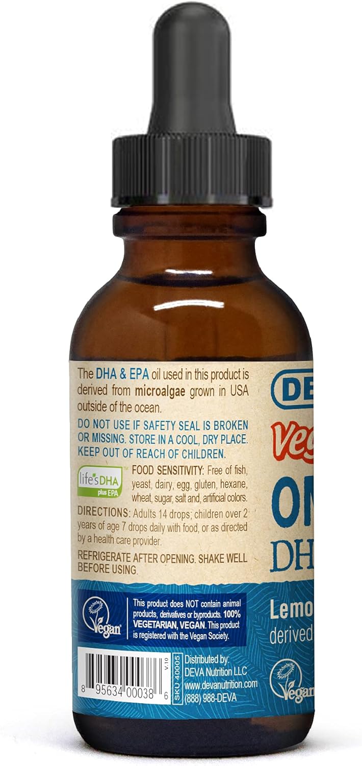 Vegan Omega-3 Liquid DHA and EPA Supplement from Algae - Lemon Flavor, 2 Ounce