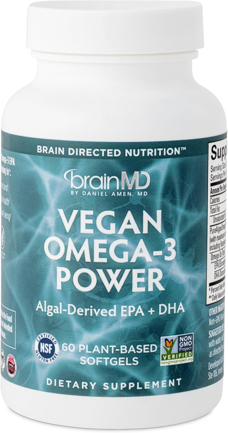Vegan Omega-3 Power Softgels - 60 Plant-Based Capsules - 1,100 mg EPA & DHA - Supports Focus, Memory, Heart Health - Vegan, Gluten-Free, Non-GMO - 30 Servings