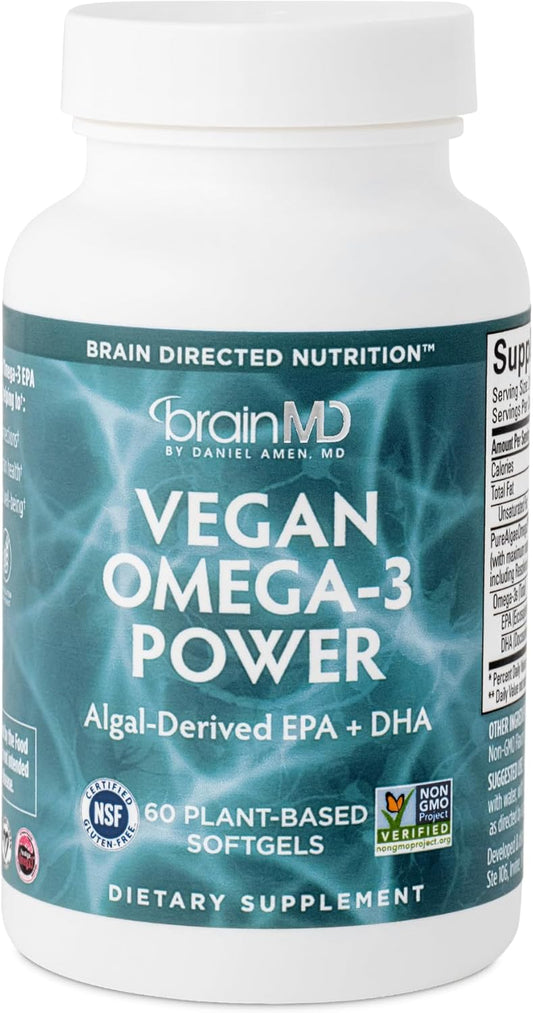 Vegan Omega-3 Power Softgels - 60 Plant-Based Capsules - 1,100 mg EPA & DHA - Supports Focus, Memory, Heart Health - Vegan, Gluten-Free, Non-GMO - 30 Servings