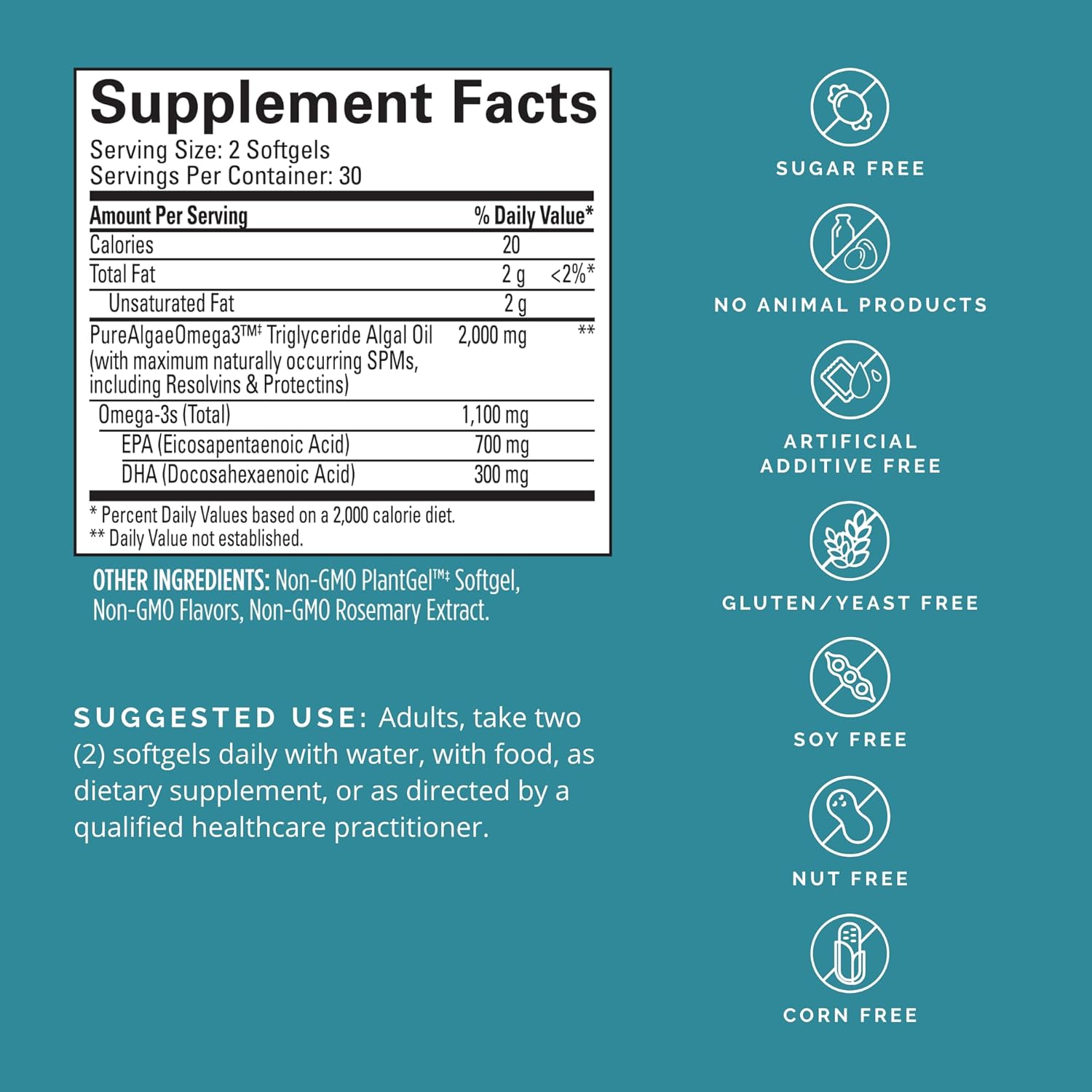 Vegan Omega-3 Power Softgels - 60 Plant-Based Capsules - 1,100 mg EPA & DHA - Supports Focus, Memory, Heart Health - Vegan, Gluten-Free, Non-GMO - 30 Servings