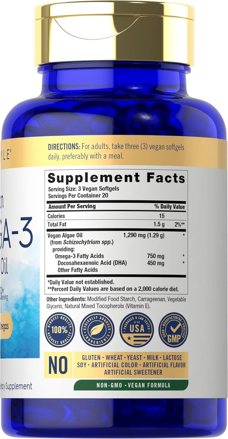 Vegan Omega 3 Supplement from Algae Oil | 1290 mg | 60 Softgels | Plant Based | Non-GMO & Gluten Free by Carlyle