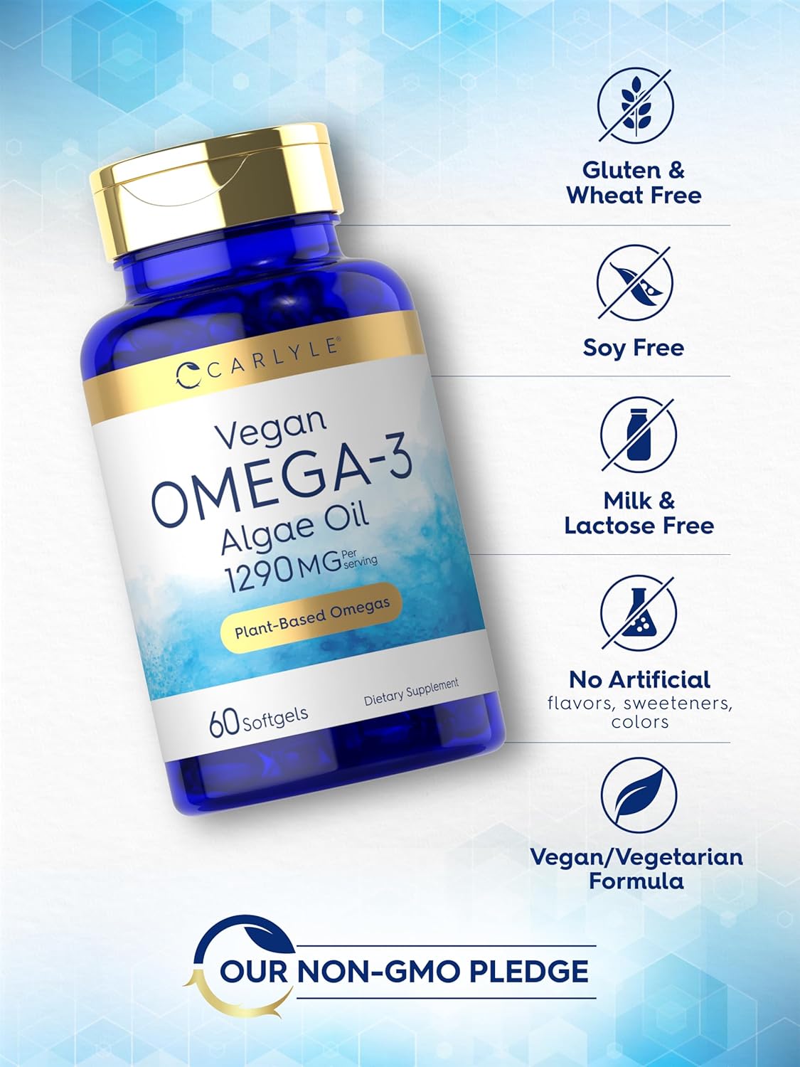 Vegan Omega 3 Supplement from Algae Oil | 1290 mg | 60 Softgels | Plant Based | Non-GMO & Gluten Free by Carlyle