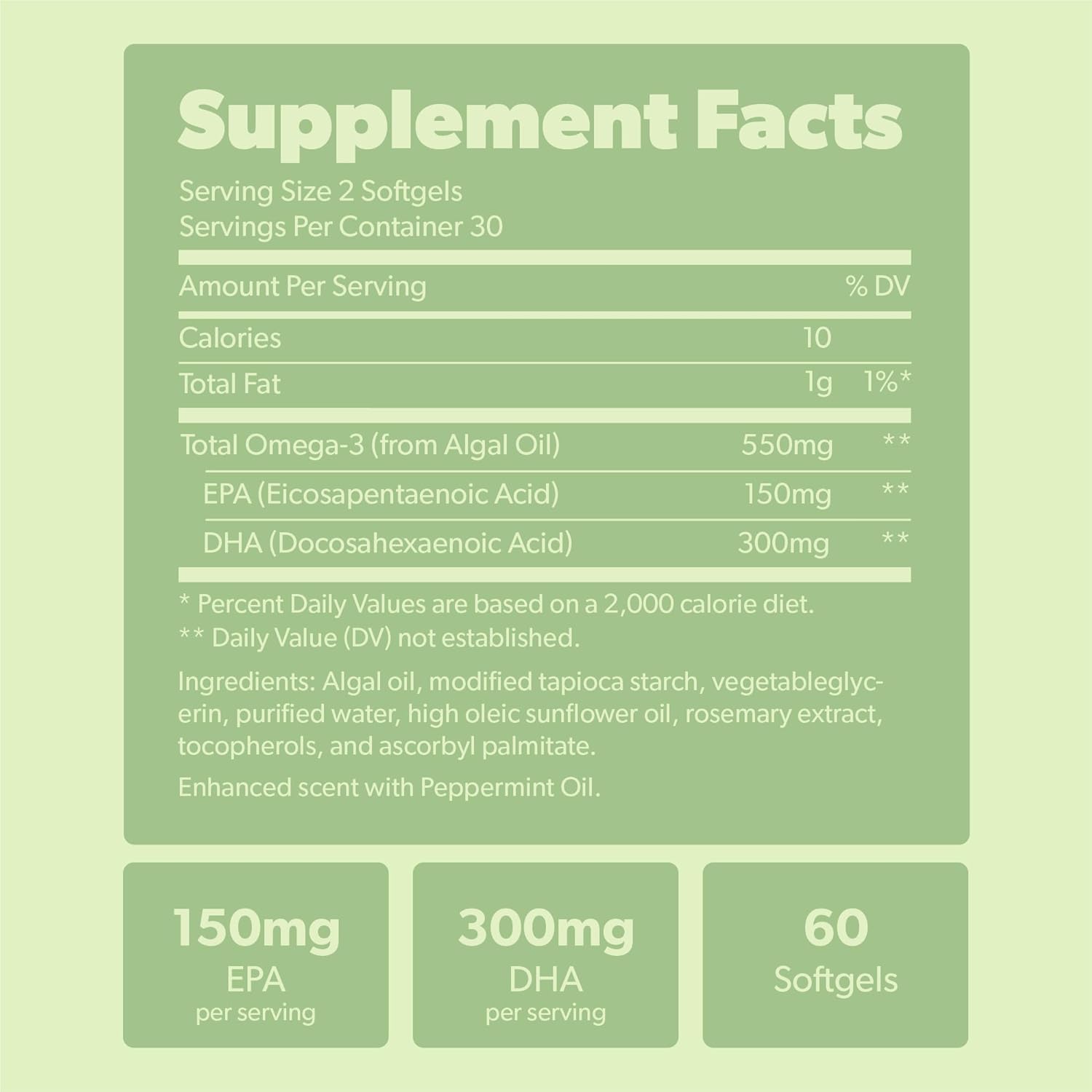 Vegan Omega 3 Supplement with DHA & EPA Fatty Acids from Sustainably Sourced Algae - Plant Based Alternative to Fish Oil for Heart, Brain, Joint Health - Carrageenan Free - 60 Softgels