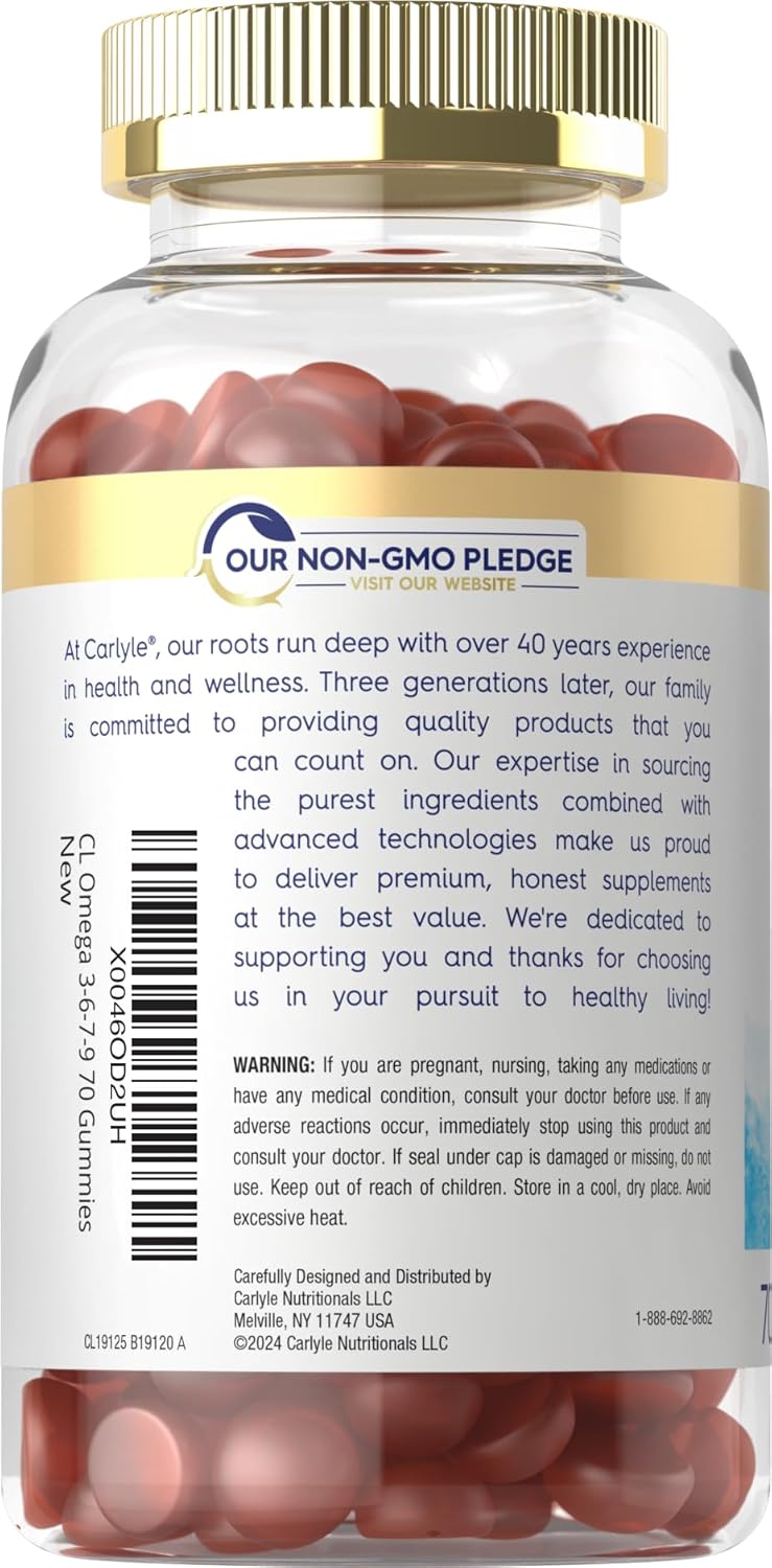 Vegan Peach Flavored Carlyle Omega 3 6 7 9 Gummies - 70 Count
