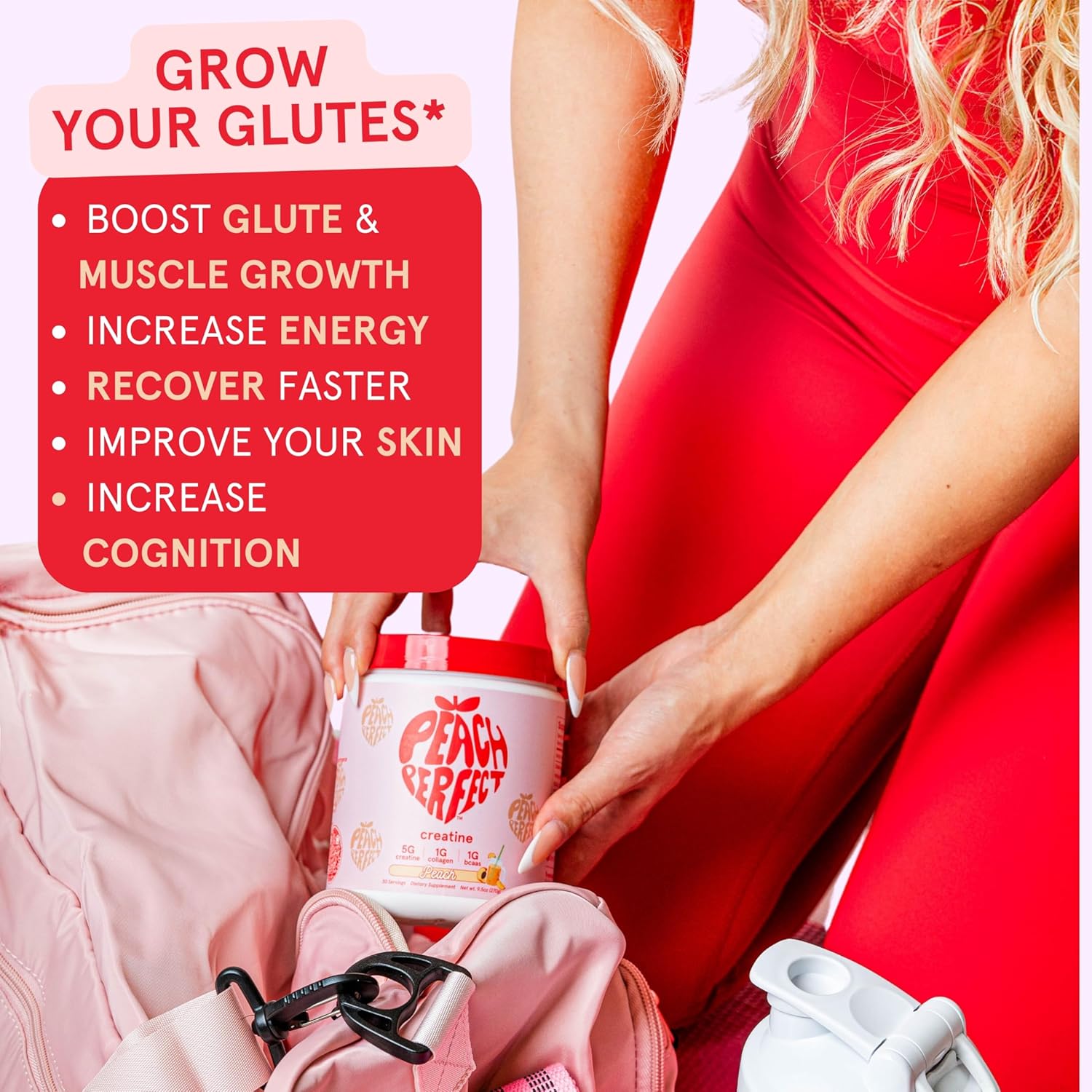 Vegan Peach Flavored Creatine Monohydrate Powder for Women with Collagen and BCAAs - Supports Energy and Muscle Growth - 30 Servings