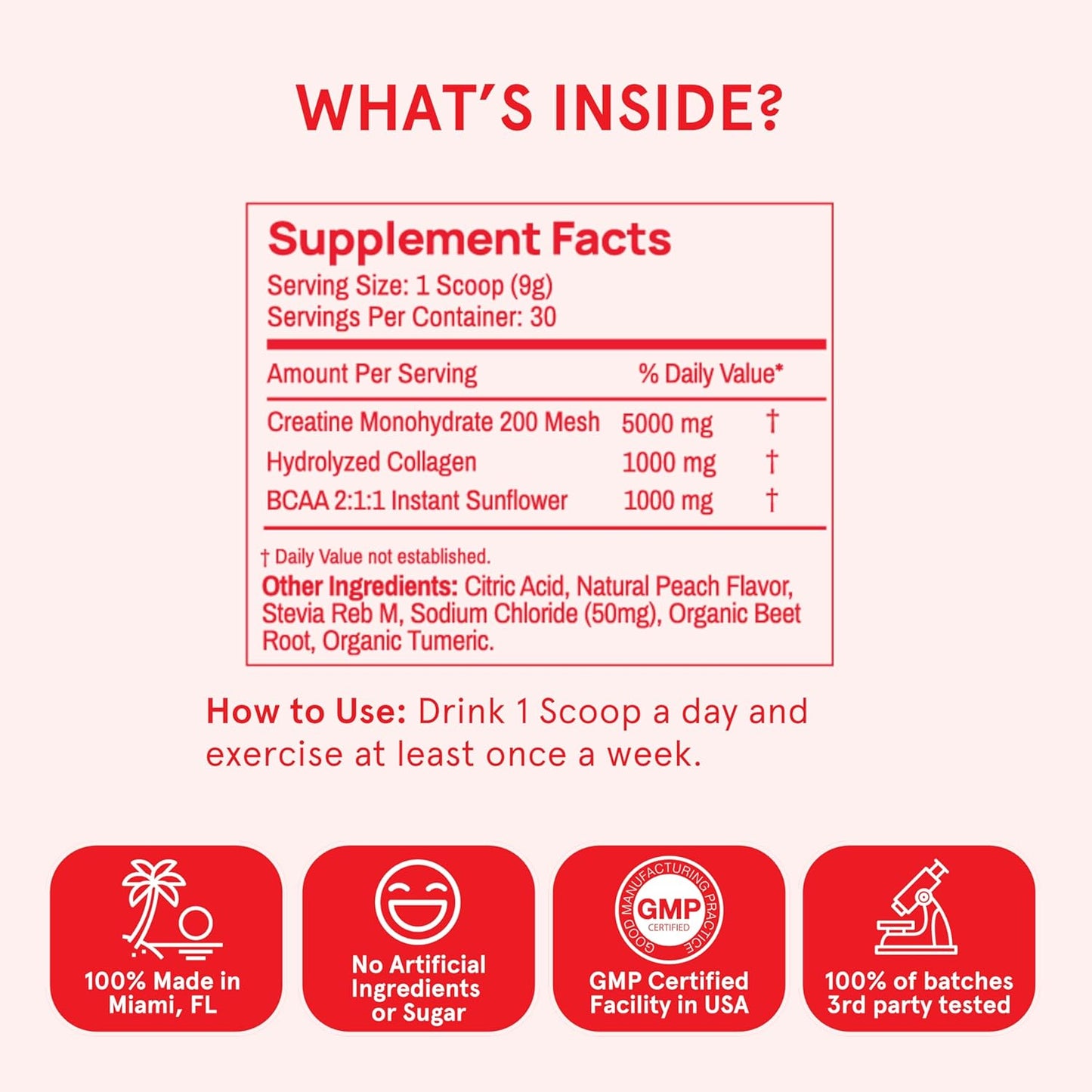 Vegan Peach Flavored Creatine Monohydrate Powder for Women with Collagen and BCAAs - Supports Energy and Muscle Growth - 30 Servings