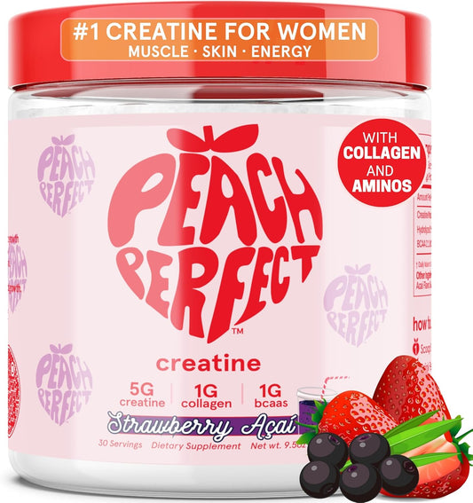 Vegan Peach Perfect Creatine Monohydrate Powder with Collagen & BCAAs - Muscle Support & Energy Boost - 30 Servings, Strawberry Acai Flavor