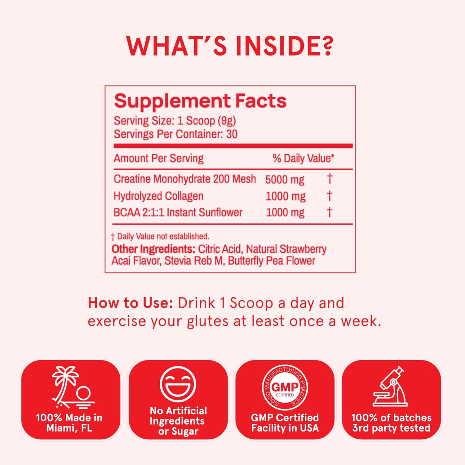 Vegan Peach Perfect Creatine Monohydrate Powder with Collagen & BCAAs - Muscle Support & Energy Boost - 30 Servings, Strawberry Acai Flavor