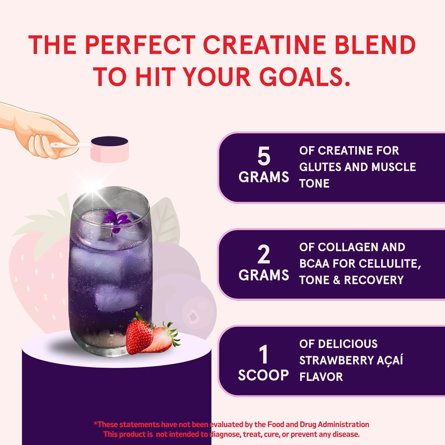 Vegan Peach Perfect Creatine Monohydrate Powder with Collagen & BCAAs - Muscle Support & Energy Boost - 30 Servings, Strawberry Acai Flavor