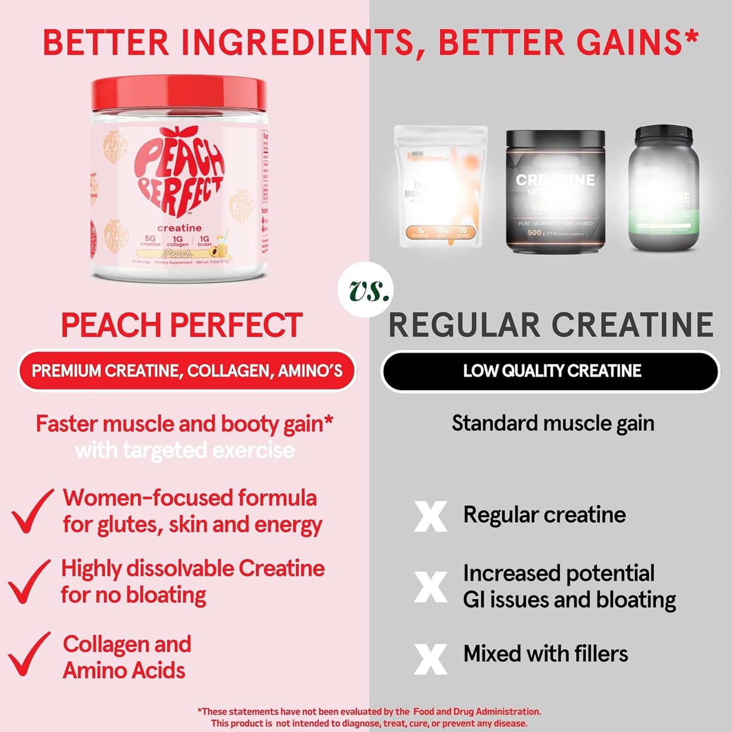 Vegan Peach Perfect Creatine Monohydrate Powder with Collagen & BCAAs - Muscle Support & Energy Boost - 30 Servings, Strawberry Acai Flavor