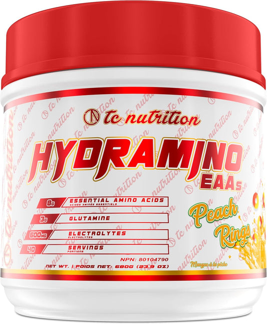 Vegan Peach Rings Hydramino EAA + BCAA Powder - 40 Servings - Electrolyte & Amino Acid Supplement for Recovery, Strength, & Hydration - 7g BCAAs, 8g EAAs, 600mg Electrolytes