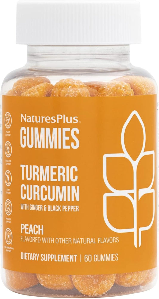 Vegan Peach Turmeric Curcumin Gummies - 60 Count, Joint & Cardiovascular Support - Gluten Free - Non-GMO - 30 Day Supply