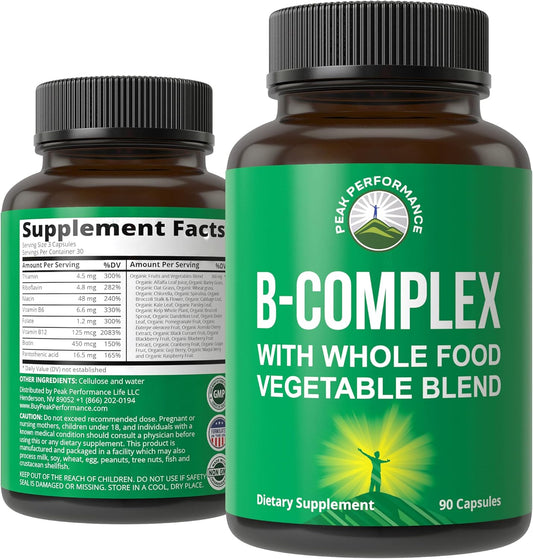 Vegan Peak Performance Vitamin B Complex Capsules with 25 Fruits and Vegetables for Energy Boost - 90 Capsules