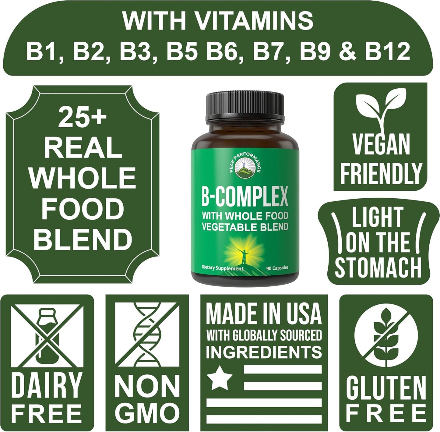 Vegan Peak Performance Vitamin B Complex Capsules with 25 Fruits and Vegetables for Energy Boost - 90 Capsules