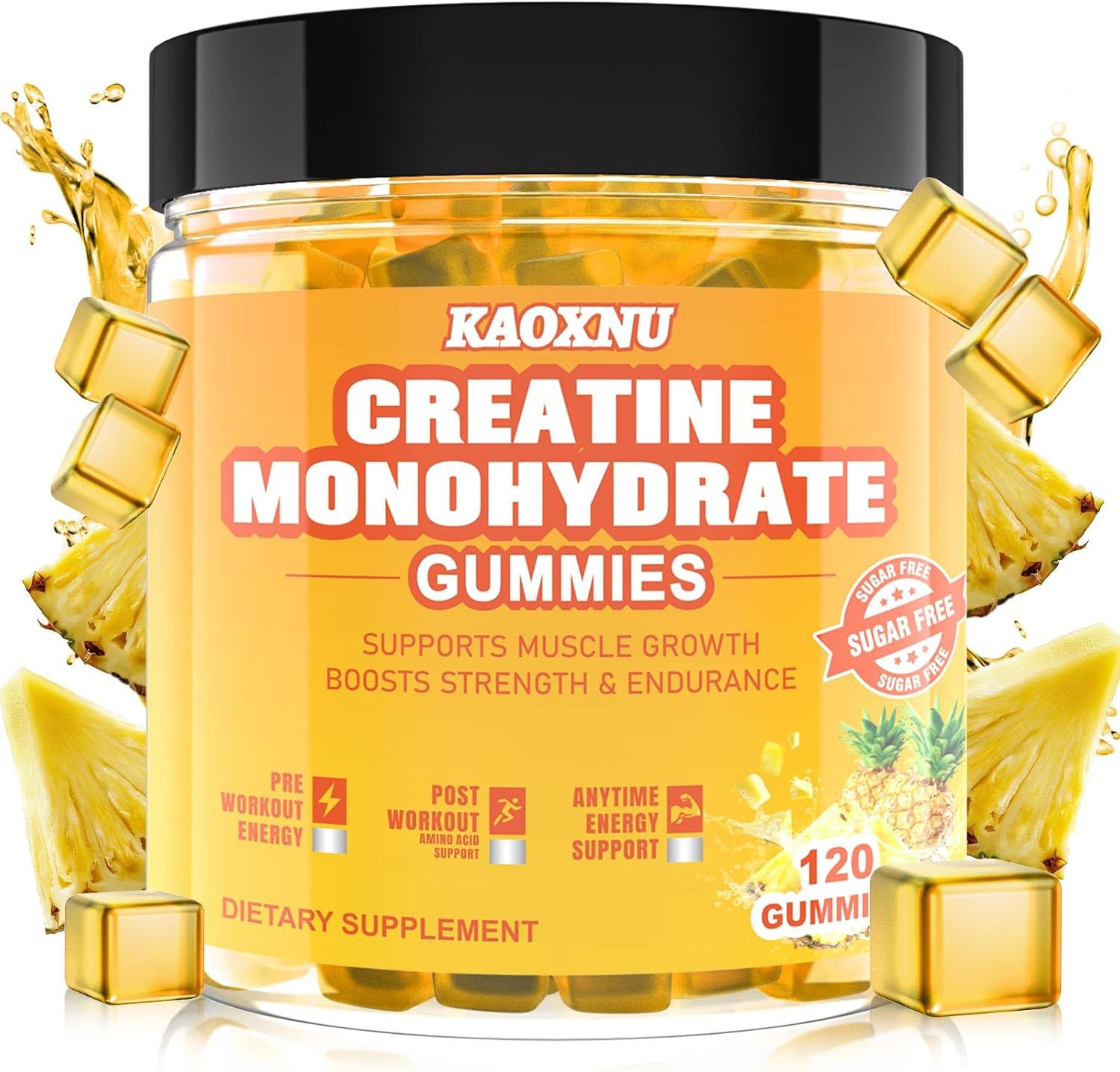 Vegan Pineapple Creatine Gummies 120 CT - 5.6g Creatine Monohydrate per Serving - Sugar Free - Muscle Support & Energy Boost - Men & Women