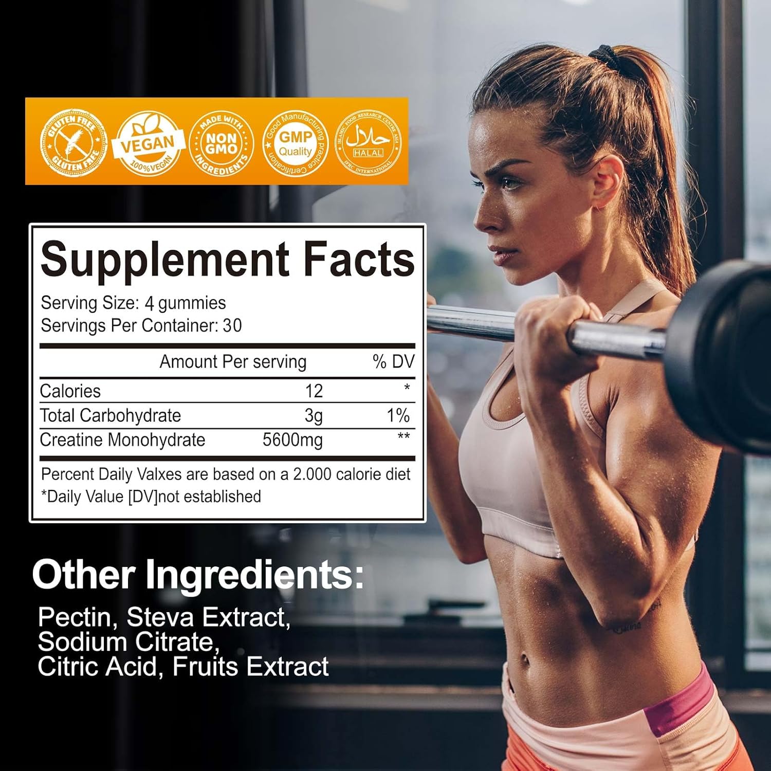 Vegan Pineapple Creatine Gummies 120 CT - 5.6g Creatine Monohydrate per Serving - Sugar Free - Muscle Support & Energy Boost - Men & Women