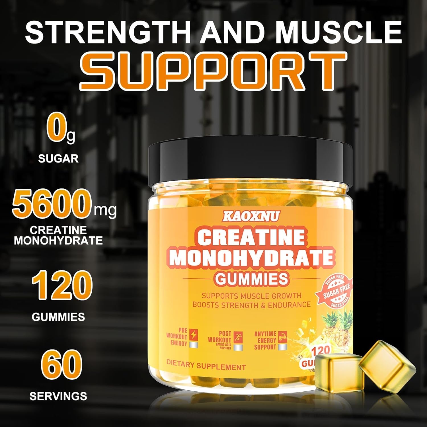 Vegan Pineapple Creatine Gummies 120 CT - 5.6g Creatine Monohydrate per Serving - Sugar Free - Muscle Support & Energy Boost - Men & Women