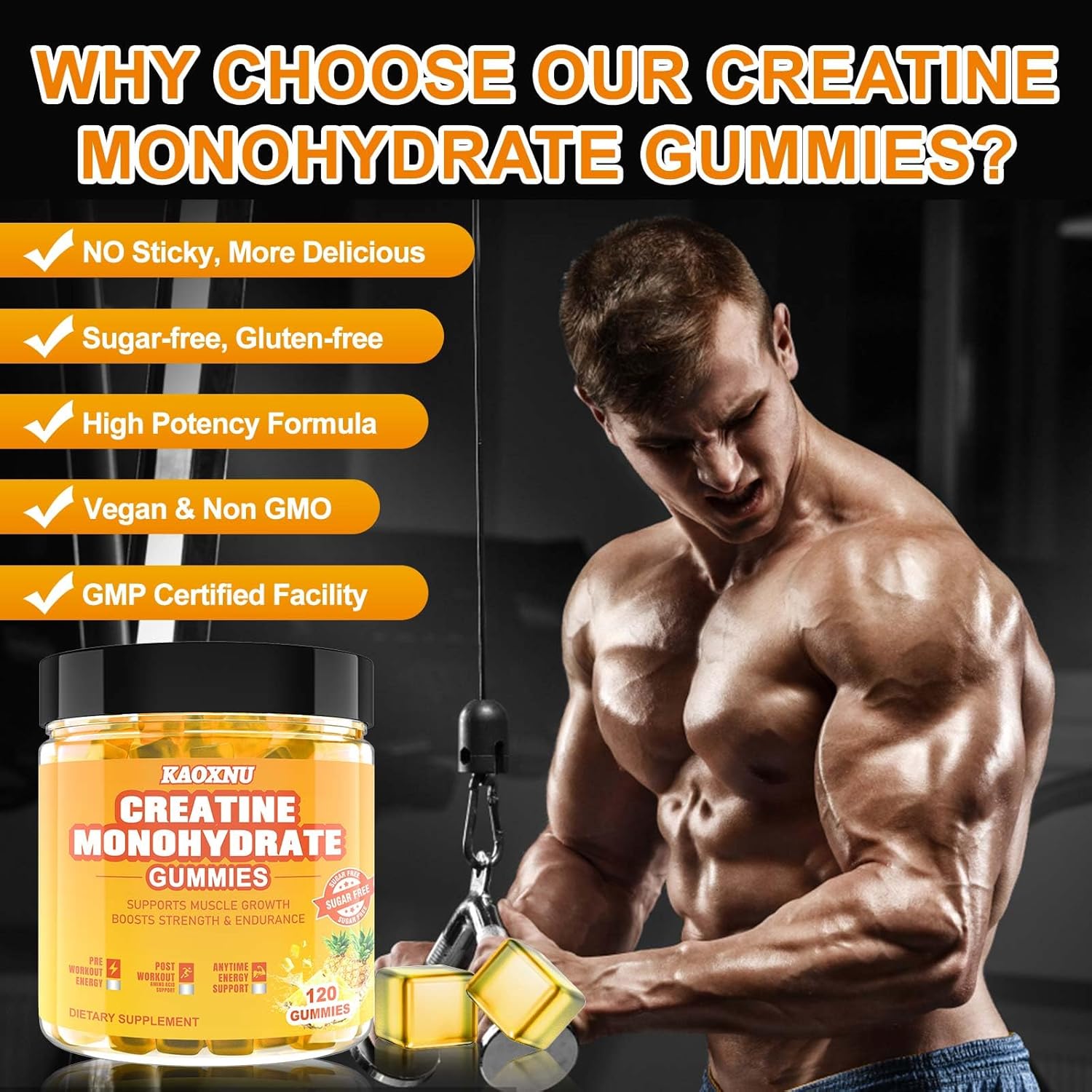 Vegan Pineapple Creatine Gummies 120 CT - 5.6g Creatine Monohydrate per Serving - Sugar Free - Muscle Support & Energy Boost - Men & Women
