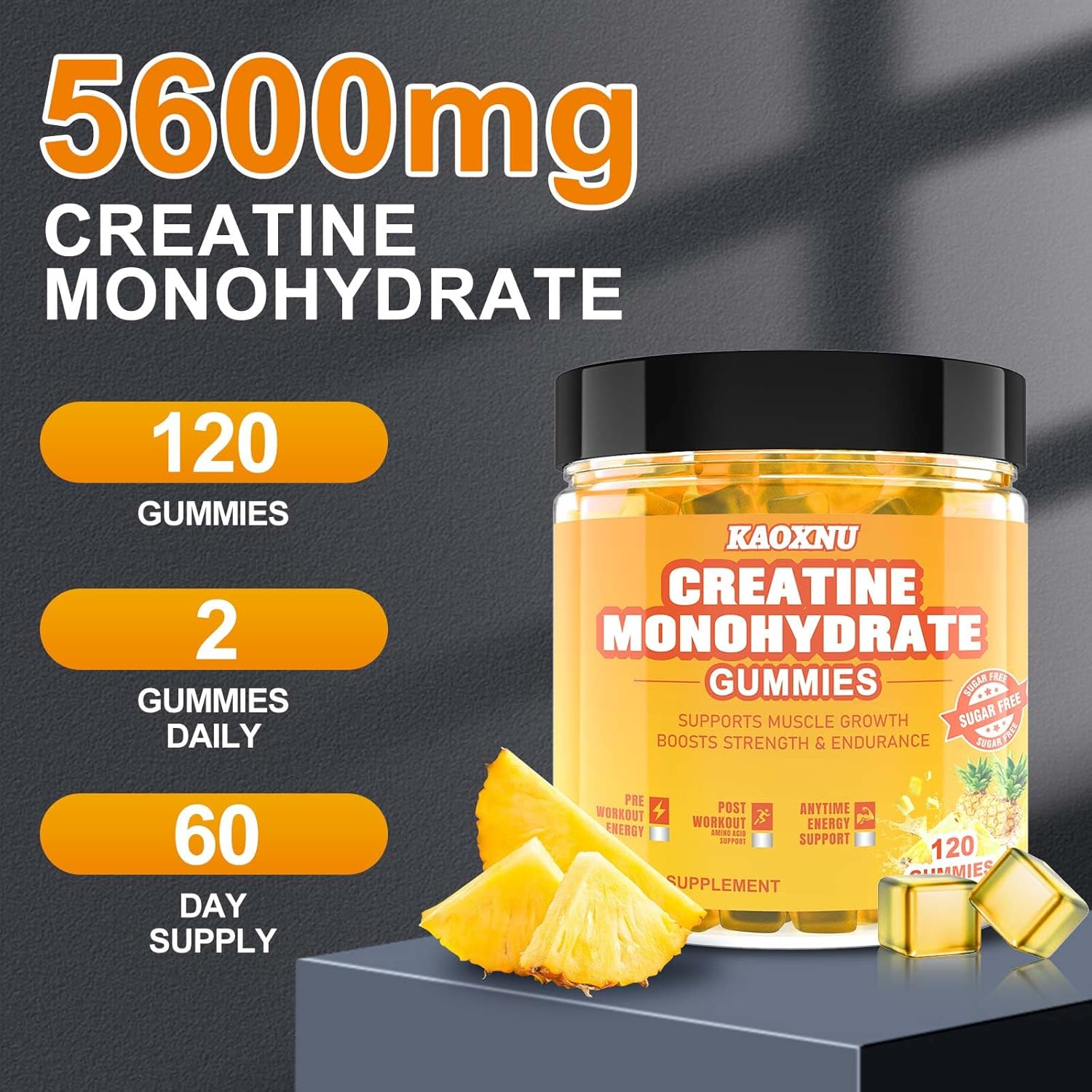 Vegan Pineapple Creatine Gummies 120 CT - 5.6g Creatine Monohydrate per Serving - Sugar Free - Muscle Support & Energy Boost - Men & Women