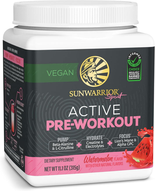 Vegan Plant-Based Pre Workout Powder for Energy, Focus, and Strength - Watermelon Flavored 30 Servings - Active Preworkout Supplement for Endurance and Hydration