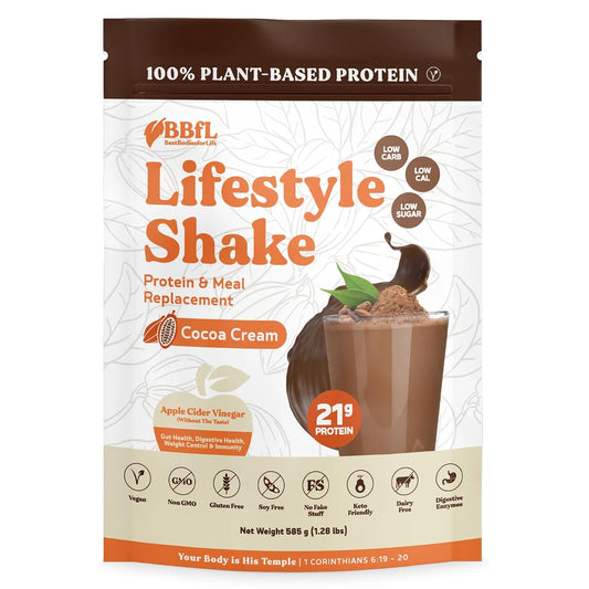 Vegan Plant Based Protein Powder Shake with Apple Cider Vinegar and Digestive Enzymes for Men & Women - 21g Protein (15 Servings, Cocoa Cream)