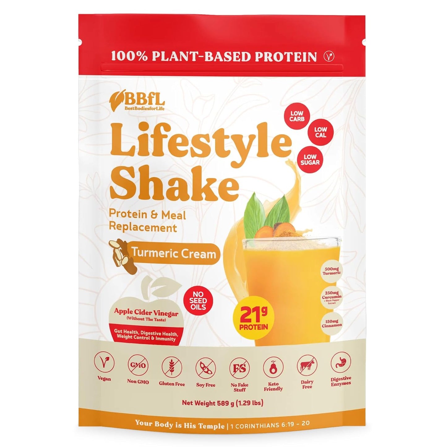 Vegan Plant-Based Protein Powder with Digestive Enzymes, 21g Protein, Turmeric Curcumin Cream, Meal Replacement Shake (15 Servings)