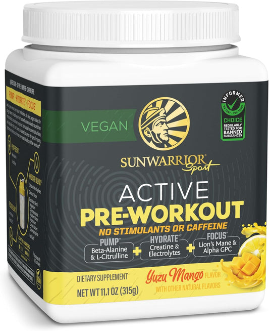 Vegan Plant-Based Sunwarrior Pre Workout Powder for Endurance & Strength - Yuzu Mango Flavored, Non-Stim & Caffeine Free, 30 Servings
