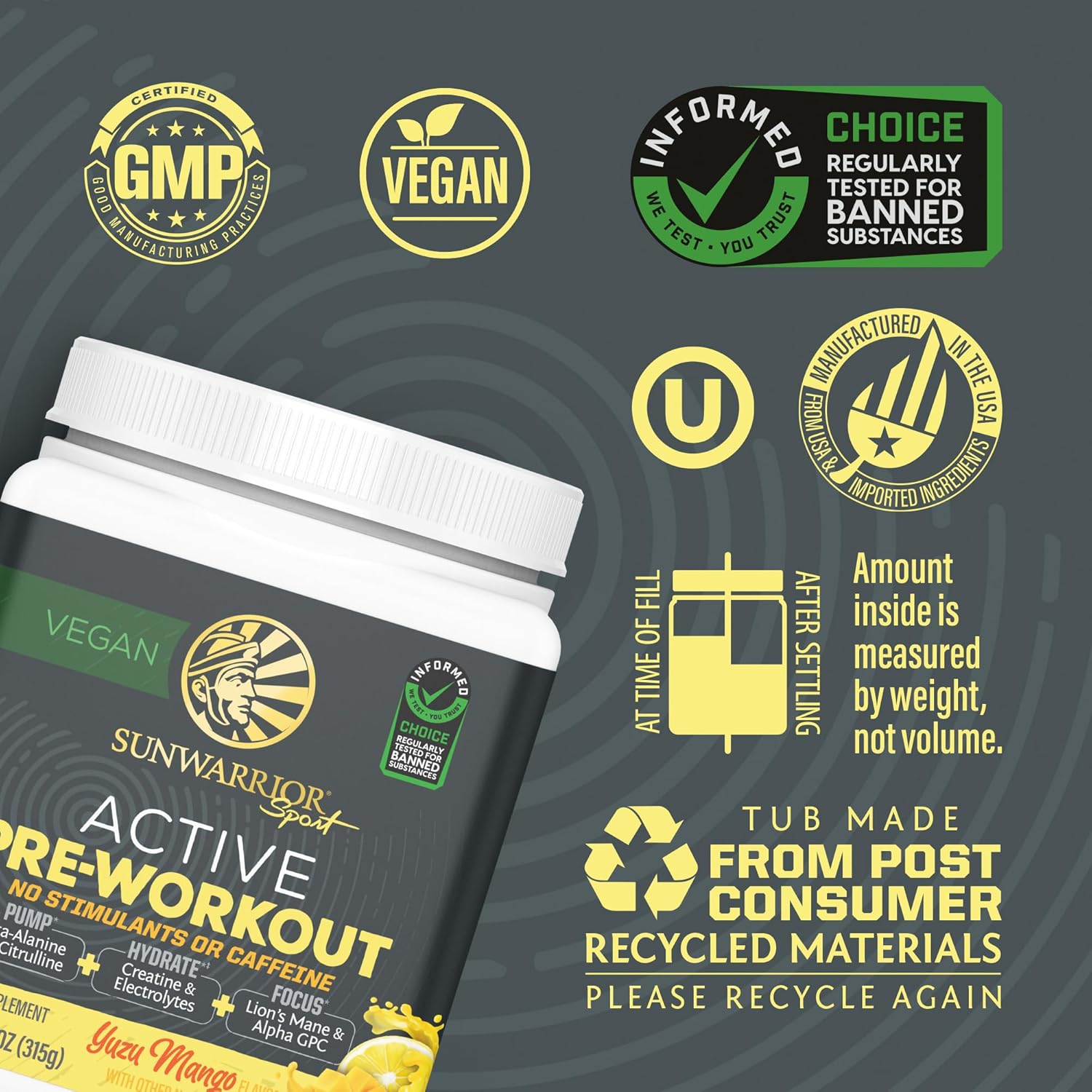 Vegan Plant-Based Sunwarrior Pre Workout Powder for Endurance & Strength - Yuzu Mango Flavored, Non-Stim & Caffeine Free, 30 Servings