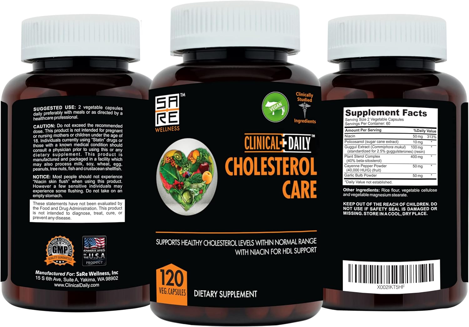 Vegan Plant Sterols Cholesterol Support Supplement with Guggul, Garlic, Niacin - 120 Capsules