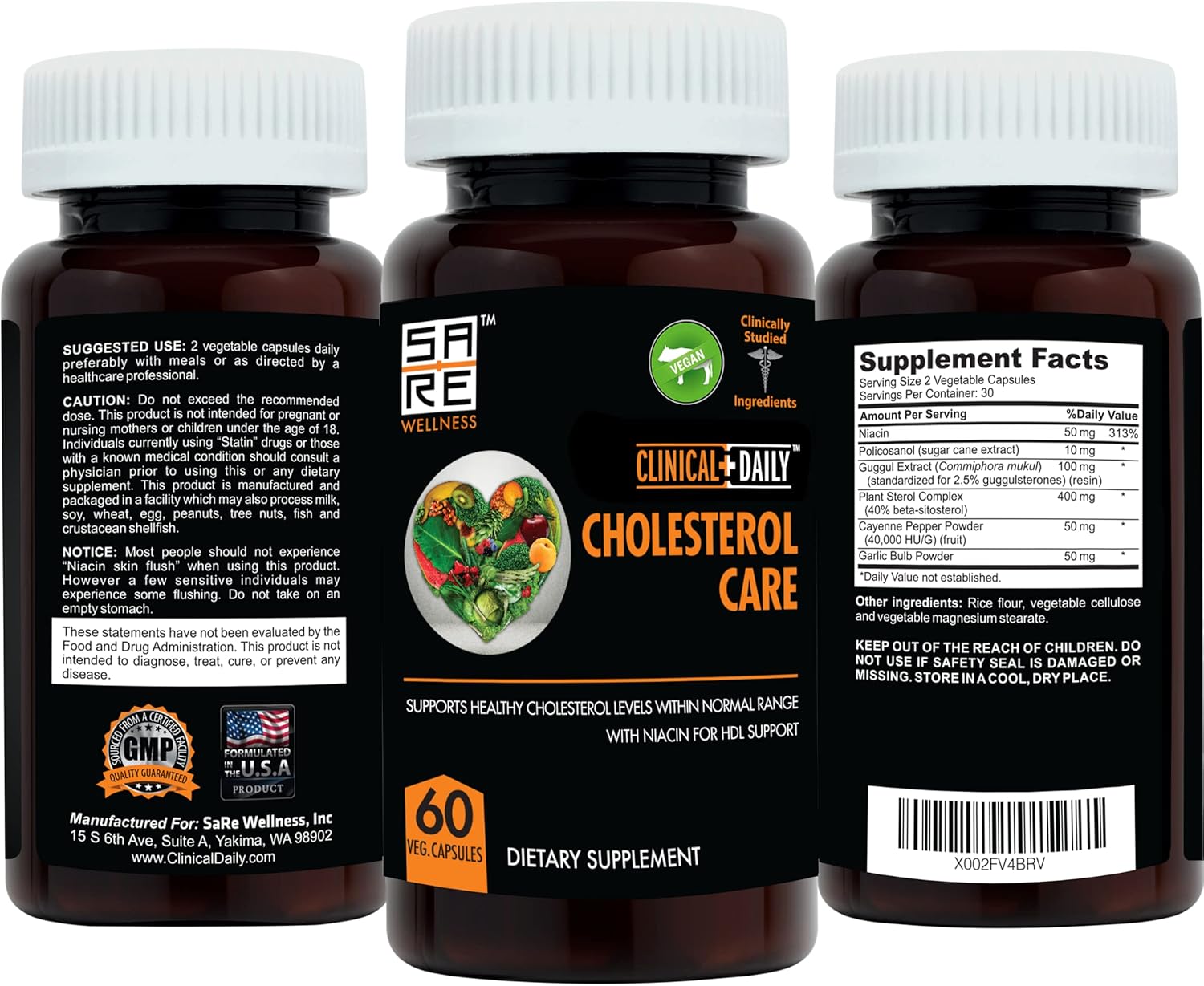 Vegan Plant Sterols Supplement for Daily Cholesterol Support - 60 Capsules with Guggul, Garlic, Niacin for Triglyceride Health