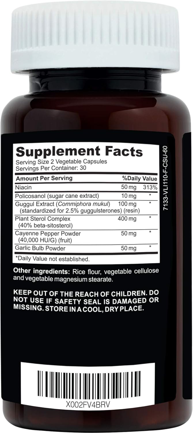 Vegan Plant Sterols Supplement for Daily Cholesterol Support - 60 Capsules with Guggul, Garlic, Niacin for Triglyceride Health