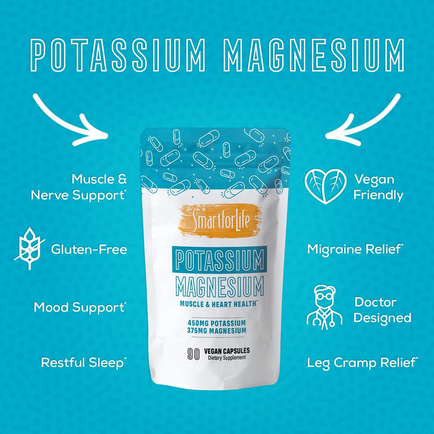 Vegan Potassium Magnesium Supplement for Vascular Health - 90 Capsules for Leg Cramps and Sleep