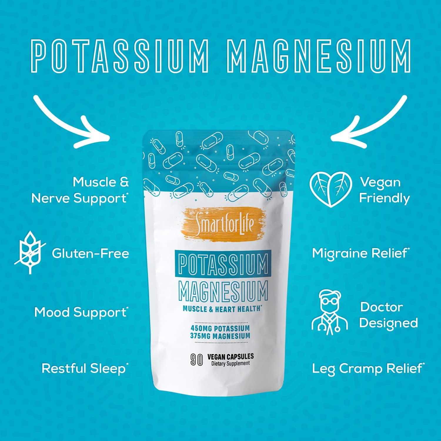 Vegan Potassium Magnesium Supplement for Vascular Health - 90 Capsules for Leg Cramps and Sleep