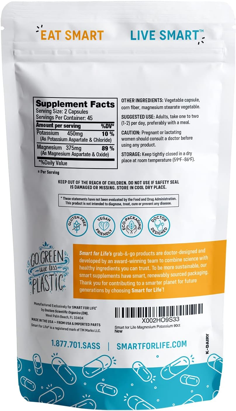 Vegan Potassium Magnesium Supplement for Vascular Health - 90 Capsules for Leg Cramps and Sleep