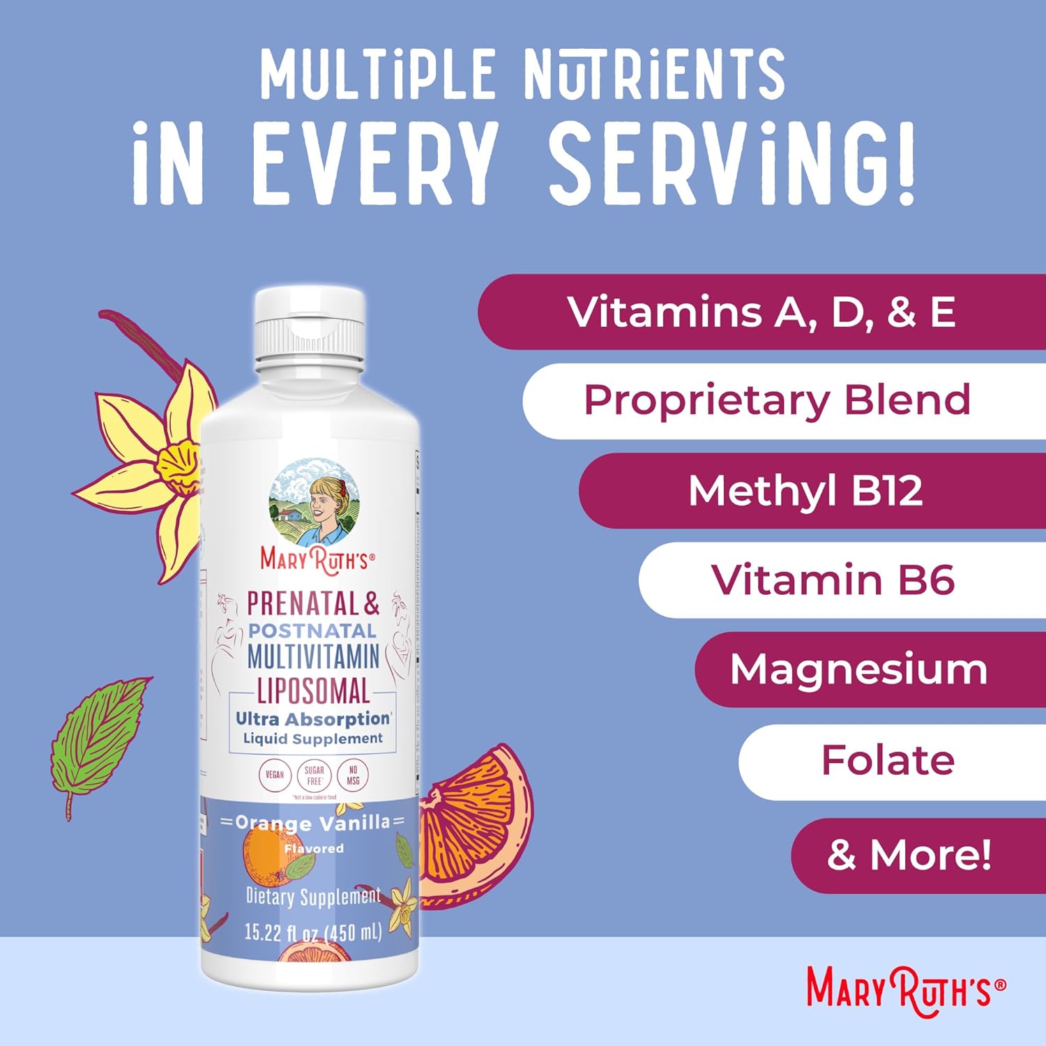 Vegan Prenatal and Postnatal Multivitamin for Women by MaryRuth Organics - Sugar Free, Non-GMO, Gluten Free - Formulated for Pre-Conception, Pregnancy, and Nursing - 30 Servings