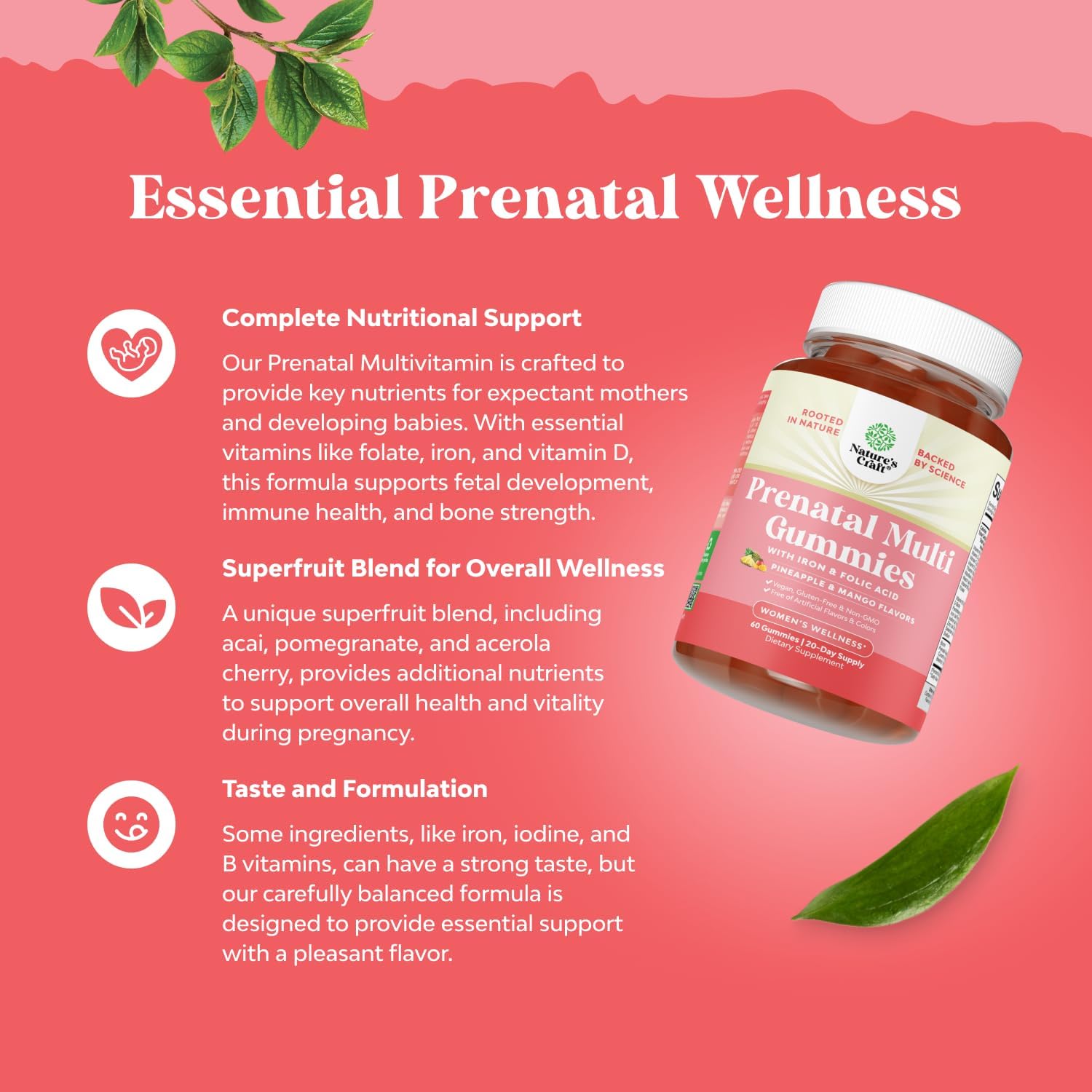 Vegan Prenatal Gummy Vitamins for Women - Iron, Folic Acid, Superfruit Blend - Chewable Pineapple Mango Formula - Trial Size