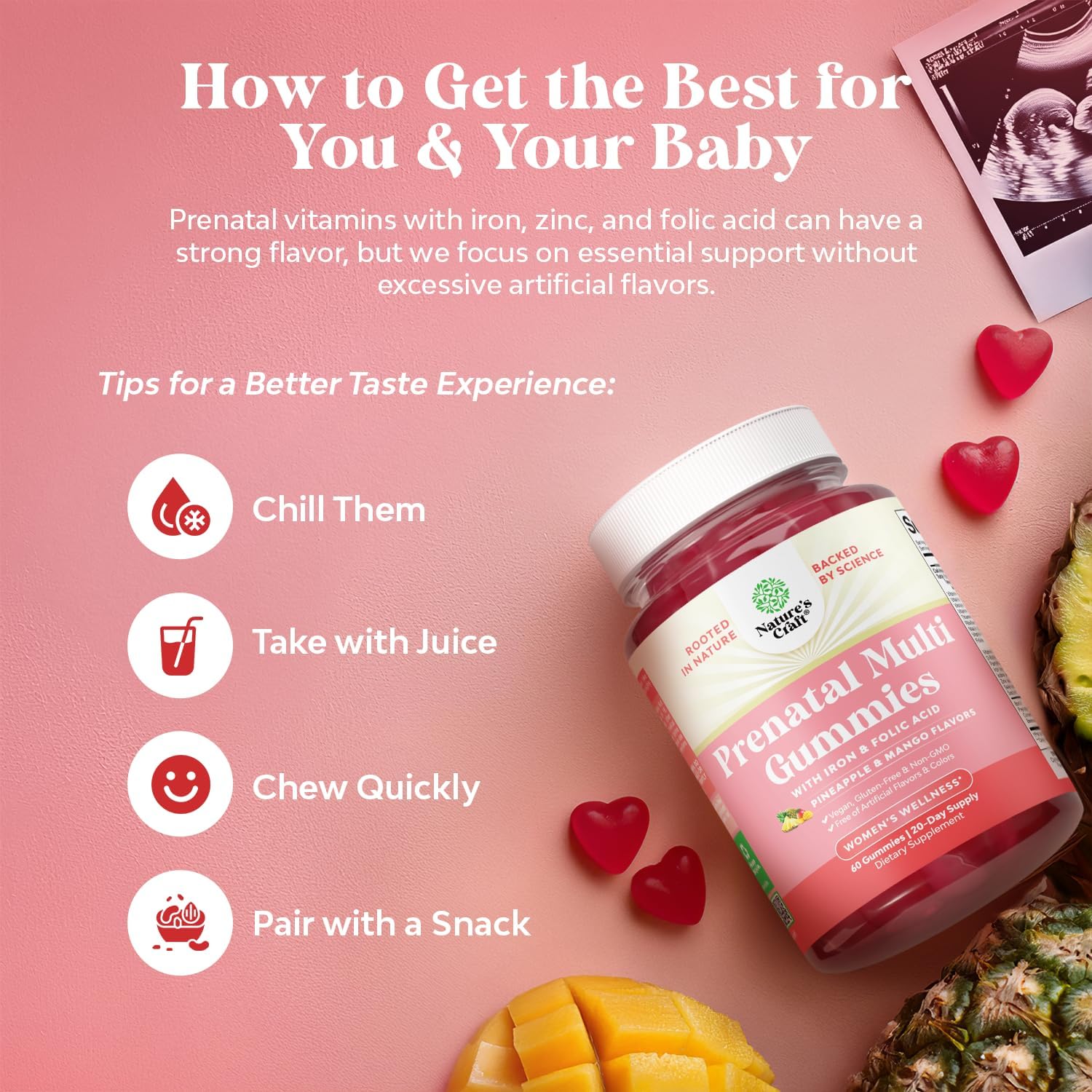 Vegan Prenatal Gummy Vitamins for Women - Iron, Folic Acid, Superfruit Blend - Chewable Pineapple Mango Formula - Trial Size