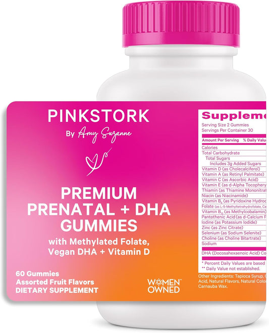 Vegan Prenatal Gummy Vitamins with DHA, Folate, Vitamin D for Pregnancy - Neural Tube & Fetal Brain Development - 60 Gummies
