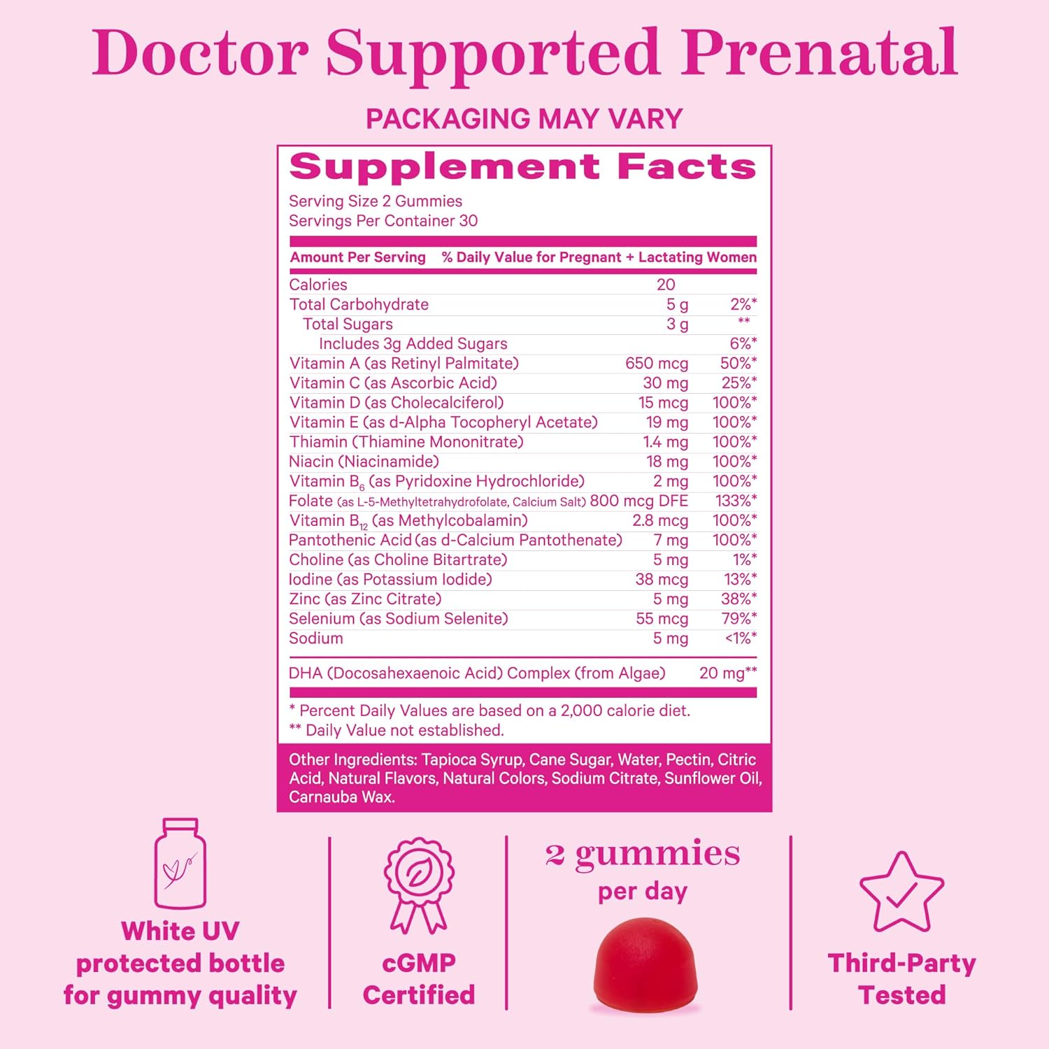 Vegan Prenatal Gummy Vitamins with DHA, Folate, Vitamin D for Pregnancy - Neural Tube & Fetal Brain Development - 60 Gummies