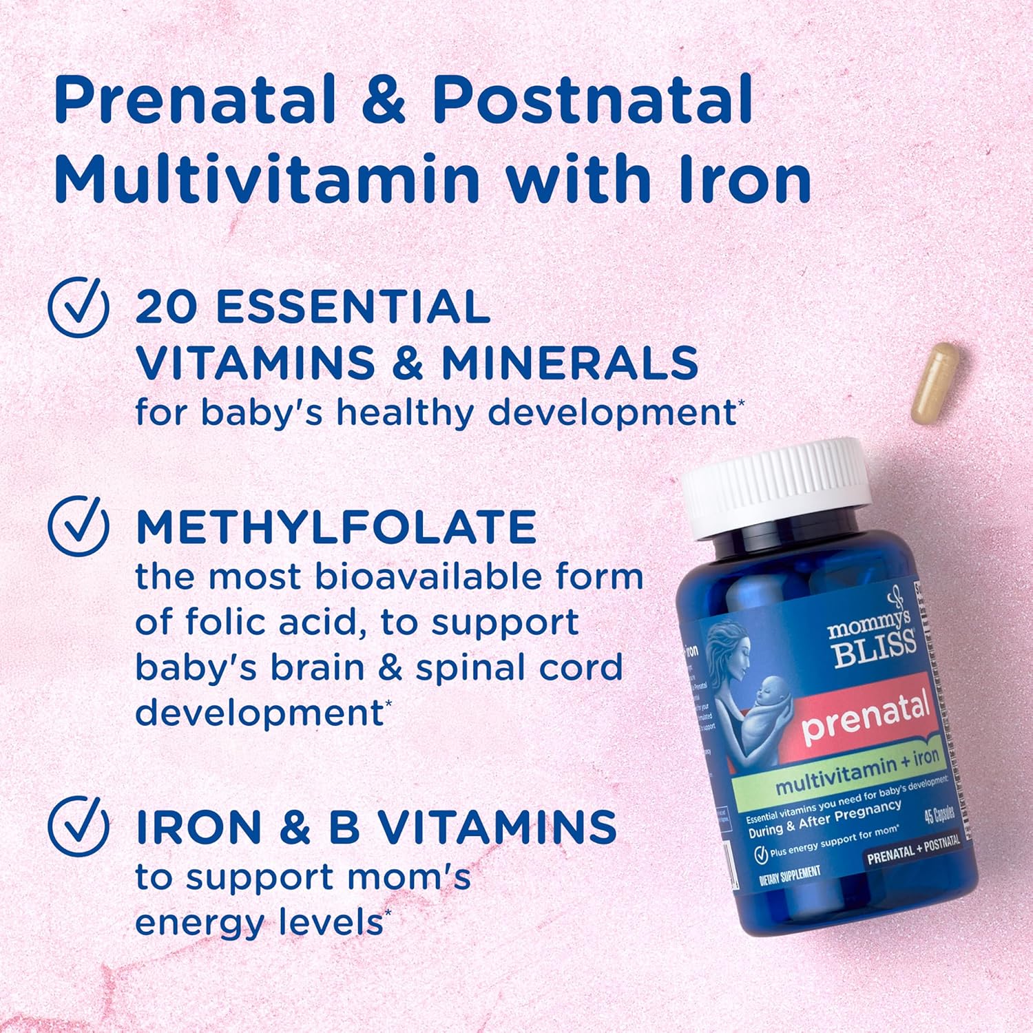 Vegan Prenatal Multivitamin for Mom and Baby Development with Iron, Folic Acid, B Vitamins, and Probiotics - Gluten Free (45 Servings)