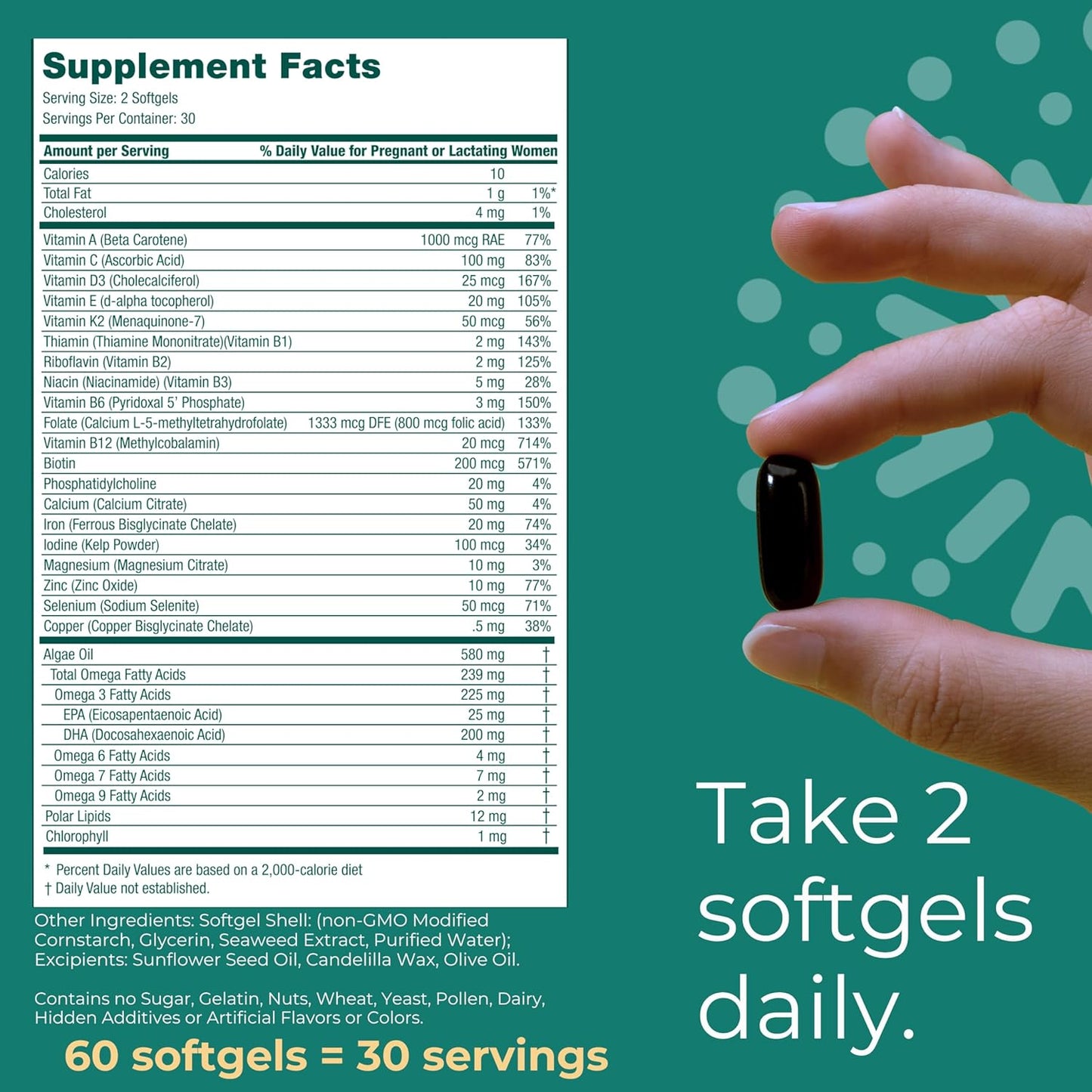Vegan Prenatal Multivitamin with Algae Omega-3, Folate, Iron, B12, D3, and Calcium for Pregnancy - 60 Softgels