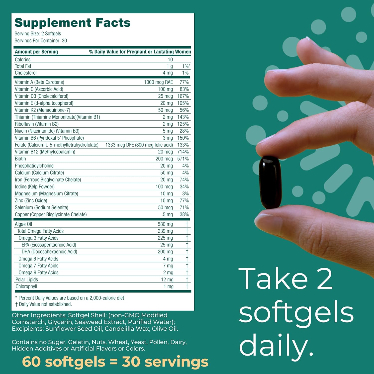 Vegan Prenatal Multivitamin with Algae Omega-3, Folate, Iron, B12, D3, and Calcium for Pregnancy - 60 Softgels