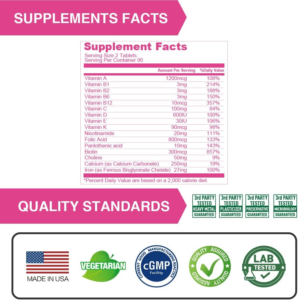 Vegan Prenatal Vitamins with Iron, Folic Acid, & Calcium - Non GMO, 180 Vegetarian Pills (3-Pack)