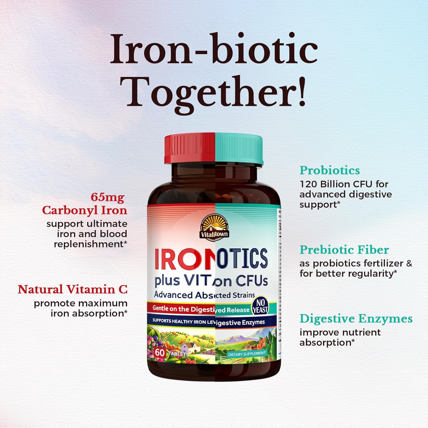 Vegan Probiotic and Iron Supplement Bundle for Gut, Bone, Muscle, and Energy Support - 120 Billion Probiotics & 65mg Iron - 30 Capsules & 60 Tablets